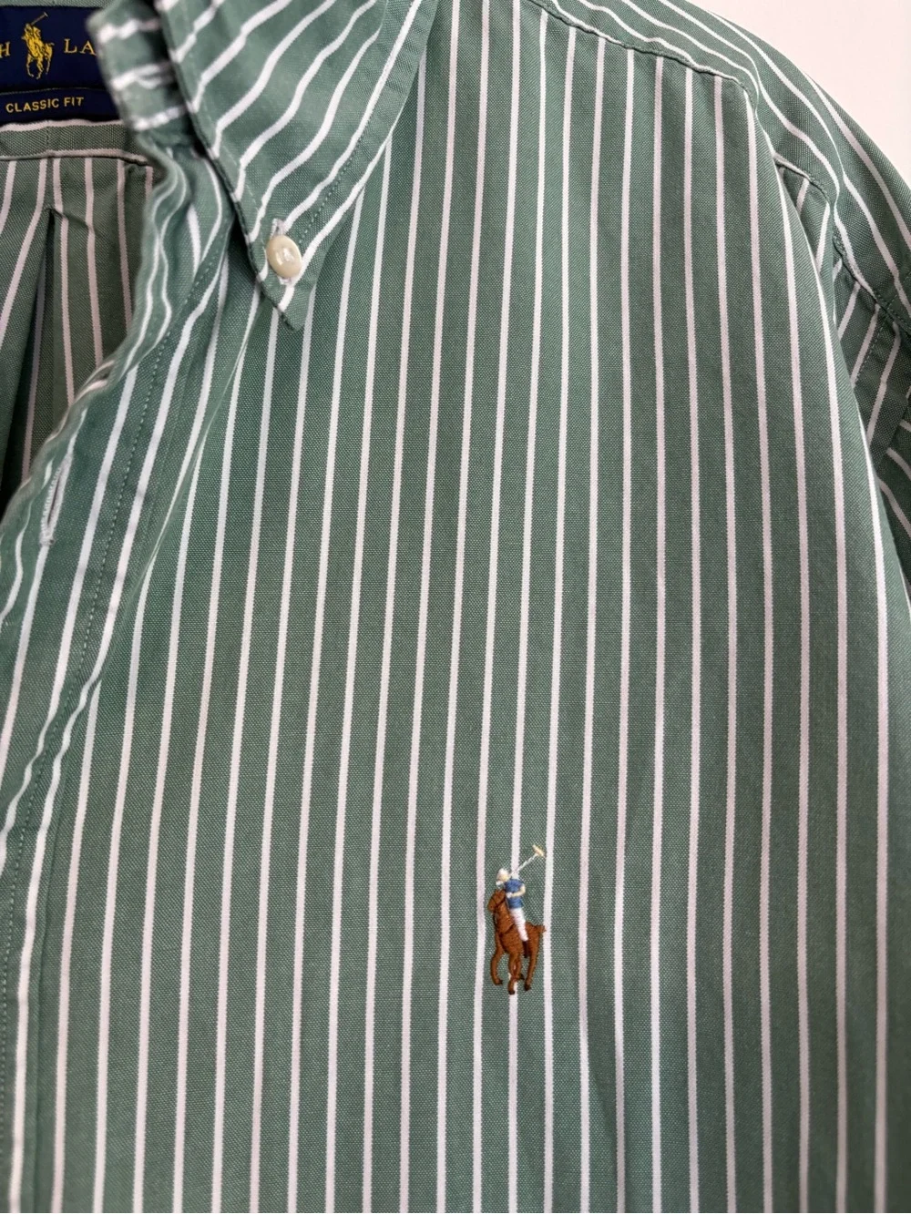 Polo Ralph Lauren Green White Striped Oxford Button-Down Shirt Classic Fit 17.5 - Picture 2 of 10